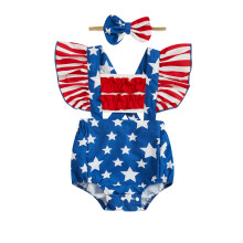 (0-3 Months, Multicolor) Tutina da bambina per il 4 luglio con stelle, righe, maniche a volant, scollo quadrato e fascia con fiocco.