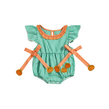 (3-6 Months, Green) Tutina da neonata a righe con ricamo di zucca e fiocco, maniche a volant e colletto a bambola.