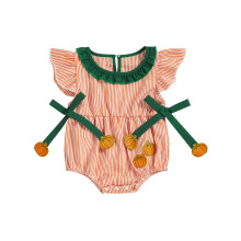 (12-18 Months, Orange) Tutina da neonata a righe con ricamo di zucca e fiocco, maniche a volant e colletto a bambola.
