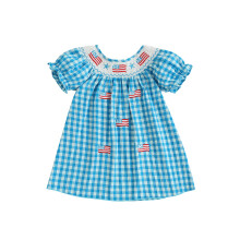 (3-4 Years, Blue) Kinderjurk voor meisjes, korte mouwen, ronde hals, geruit, geborduurd met vlaggen, zomerjurk, kleding voor 4 juli