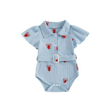 (6-12 Months, Blue) Tutina estiva da bambina con cintura, maniche corte, colletto a revers e ricamo a forma di aragosta.