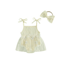 (6-9 Months, Beige) Tutina estiva senza maniche per bambina con laccetti, ricamo a farfalla in tulle e cerchietto con fiocco.