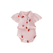 (3-6 Months, Pink) Tutina estiva da bambina con cintura, maniche corte, colletto a revers e ricamo a forma di aragosta.