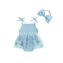 (0-3 Months, Blue) Tutina estiva senza maniche per bambina con laccetti, ricamo a farfalla in tulle e cerchietto con fiocco.