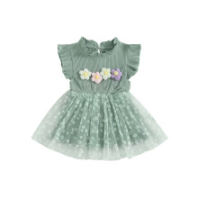 (12-18 Months, Green) Sommerkleid für Kleinkinder: Tüllkleid mit Blumen, fliegenden Ärmeln, Stehkragen und A-Linie
