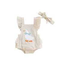 (0-3 Months, Khaki) Tutina da bambina con ricamo di anatre, maniche a volant, gonna a quadri a balze e fascia per capelli.