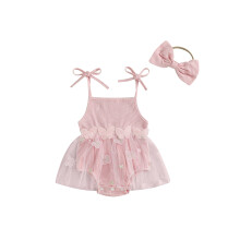 (3-6 Months, Pink) Tutina estiva senza maniche per bambina con laccetti, ricamo a farfalla in tulle e cerchietto con fiocco.