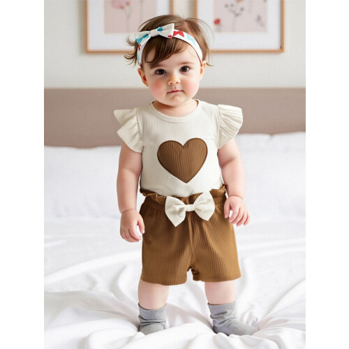(3-6 Months, Beige) Conjunto de verão laço elástico. 1