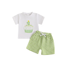 (6-12 Months, Green) Conjunto de shorts para bebê, camiseta com gola redonda e bordado de cupcake, e shorts xadrez para o 1º aniversário.