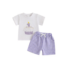 (6-12 Months, Purple) Conjunto de shorts para bebê, camiseta com gola redonda e bordado de cupcake, e shorts xadrez para o 1º aniversário.