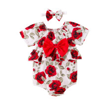 (6-12 Months, Red) Completo estivo neonata: tutina corta con scollo rotondo e stampa rose, fascia inclusa. Abbigliamento per neonata.