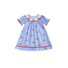 (5-6 Years, Blue) Peuterjurkje voor meisjes met ruitjes & kersenprint, korte mouwen, A-lijn, schattige zomerjurk
