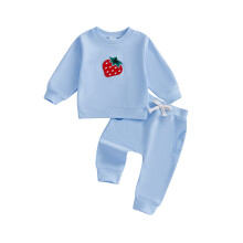 (2-3 Years, Blue) Herbstoutfit für Kleinkinder Mädchen: Erdbeerbesticktes Sweatshirt mit Rundhalsausschnitt, 2-teiliges Set