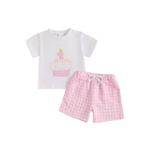 (12-18 Months, Pink) Conjunto de shorts para bebê, camiseta com gola redonda e bordado de cupcake, e shorts xadrez para o 1º aniversário.