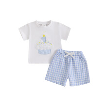 (12-18 Months, Blue) Conjunto de shorts para bebê, camiseta com gola redonda e bordado de cupcake, e shorts xadrez para o 1º aniversário.
