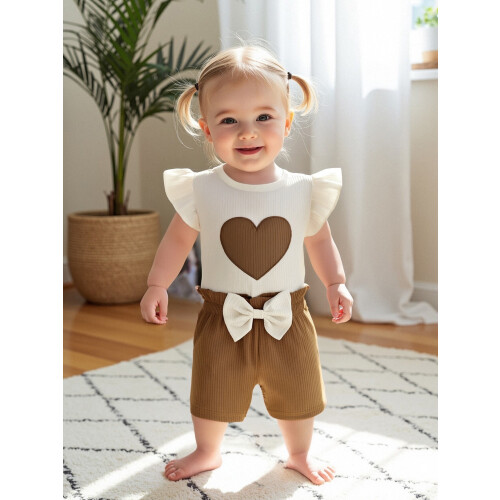 (18-24 Months, Beige) Conjunto de verão laço elástico. 2