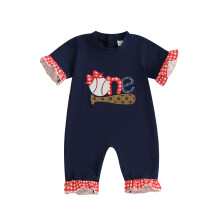 (12-18 Months, Blue) Tutina da baseball per bambina con pallina ricamata, maniche corte e volant, ideale per il compleanno.