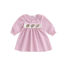(6-12 Months, Pink) Jurk voor peutermeisjes met rugbyborduurwerk, ruitjespatroon, ruches en lange mouwen, casual herfstjurk.