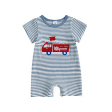 (3-6 Months, Blue) Tutina da neonato, maniche corte, girocollo, righe, ricamo estintore/palline, abbigliamento estivo