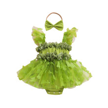 (3-6M, green) Completo estivo neonata: tutina senza maniche con volant e farfalla 3D, set con fascia.