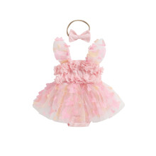 (1-3 Months, Pink) Completo estivo neonata: tutina senza maniche con volant e farfalla 3D, set con fascia.