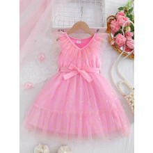 (5T, Pink) Vestido de tul sin mangas con estrellas y cinturón para niñas, vestido de gala para bodas infantiles