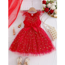 (4T, Red) Vestido de tul sin mangas con estrellas y cinturón para niñas, vestido de gala para bodas infantiles