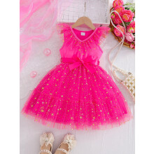 (6T, Rose Red) Mouwloze tule jurk voor peutermeisjes met sterrenprint en riem, geschikt als galajurk of feestjurk voor kinderen.