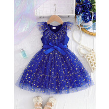 (4T, SKY BLUE) Mouwloze tule jurk voor peutermeisjes met sterrenprint en riem, geschikt als galajurk of feestjurk voor kinderen.