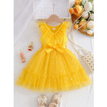 (8T, Yellow) Mouwloze tule jurk voor peutermeisjes met sterrenprint en riem, geschikt als galajurk of feestjurk voor kinderen.
