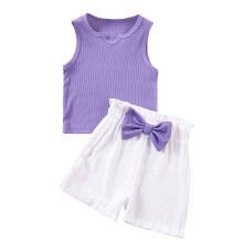 (1-2 Years, Purple) Completo estivo per bambine: canotta a V e pantaloncini elasticizzati con fiocco, set elegante e grazioso.