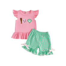 (6-12 Months, Pink) Conjunto de verão infantil: blusa de gola redonda com bordado e shorts com cintura elástica (2 peças)