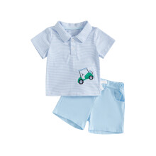 (12-18 Months, Sky Blue) Conjunto corto bebé niño, camiseta rayas bordada y pantalón elástico.