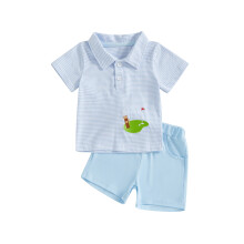 (12-18 Months, Blue) Conjunto corto bebé niño, camiseta rayas bordada y pantalón elástico.
