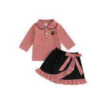 (5-6 Years, Red) Completo bambina 2 pezzi: maglietta a maniche lunghe con righe e ricamo rugby + gonna a balze. Un set adorabile.