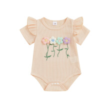 (12-18 Months, Beige) Tutina estiva per bambina, vestibilità ampia, con fiori 3D e volant, maniche corte.