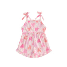 (6-12 Months, Pink) Tutina estiva per neonata, vestibilità ampia, con stampa floreale e fiocco, volant, senza maniche e spalline sottili.