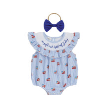 (12-18 Months, Blue) Completo estivo casual per bambina con tutina patriottica a righe e maniche a volant. Abbigliamento alla moda.