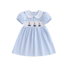 (12-18 Months, Blue) Vestido de verano para niña, corte A, estampado de rayas, cuello alto, mangas cortas, estilo marinero.
