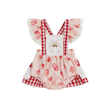 (6-12 Months, Pink) Tutina estiva per bambina a quadri e fragole, maniche a volant, ideale per neonate. Vestito carino.