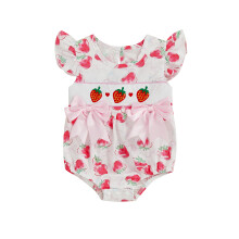 (0-3 Months, Red) Tutina estiva da bambina con maniche a sbuffo, scollo rotondo con fiocco/stampa fragola, body a bolle