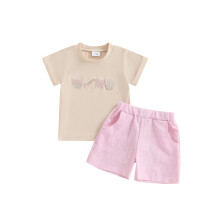 (0-6 Months, Pink) Conjunto de verão infantil para menina: blusa de manga curta bordada e shorts xadrez (2 peças).