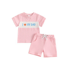 (0-6 Months, Pink) Letní oblečení pro batolata, výšivka s písmeny, krátký rukáv, trička s kraťasy, sada 2 kusů
