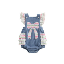 (3-6 Months, Blue) Tutina da bambina, con maniche a volant, a righe, ricamata e con fiocco, ideale per l'estate e per tutti i giorni.