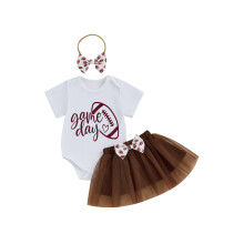 (0-3 Months, Brown) Conjunto 3 peças bebê menina: macacão com estampa, saia de tule e faixa de cabelo. Ideal para o verão.