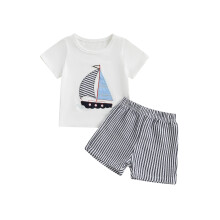 (6-12 Months, White) Conjunto de bebé niño: camiseta corta con bordado de velero y pantalón corto a rayas con cintura elástica.