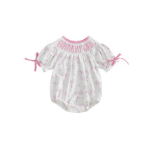 (12-18 Months, Pink) Tutina per neonate con ricamo di lettere e fiocco, scollo rotondo e maniche corte.