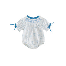 (12-18 Months, Blue) Tutina per neonate con ricamo di lettere e fiocco, scollo rotondo e maniche corte.