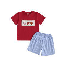(6-7 Years, Red) Conjunto de short para niño, camiseta corta con bordado y pantalón a cuadros, ideal para verano.