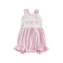 (6-12 Months, Pink) Tutina senza maniche con fiocco ricamato e bordo in pizzo a righe, graziosa tutina estiva per bambina